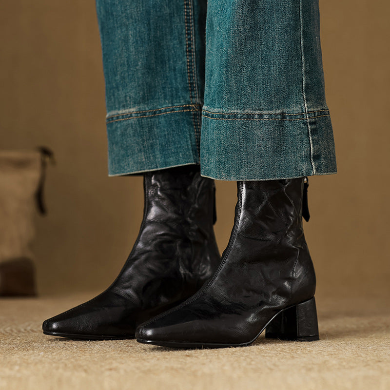 Ankle Boots for Women Genuine Leather Square Toe Block Heel - Black