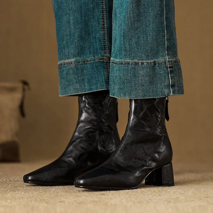 Ankle Boots for Women Genuine Leather Square Toe Block Heel - Black
