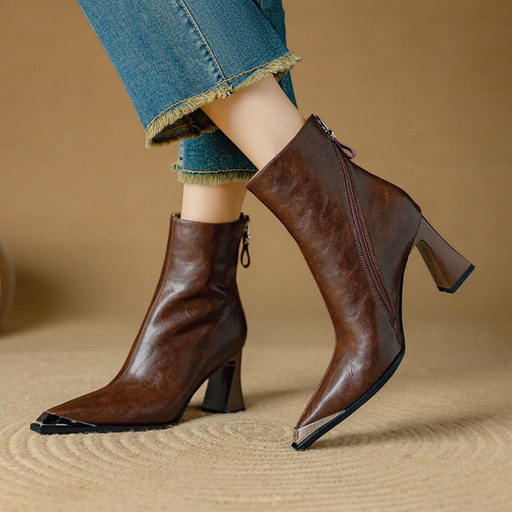 Flared Boots for Women Genuine Leather Metallic Toe High Heel - Brown