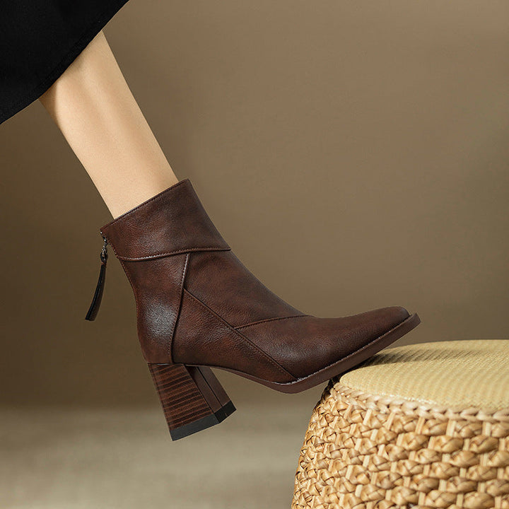 Ankle Boots for Women Vegan Leather Square Toe Block Heel - Brown