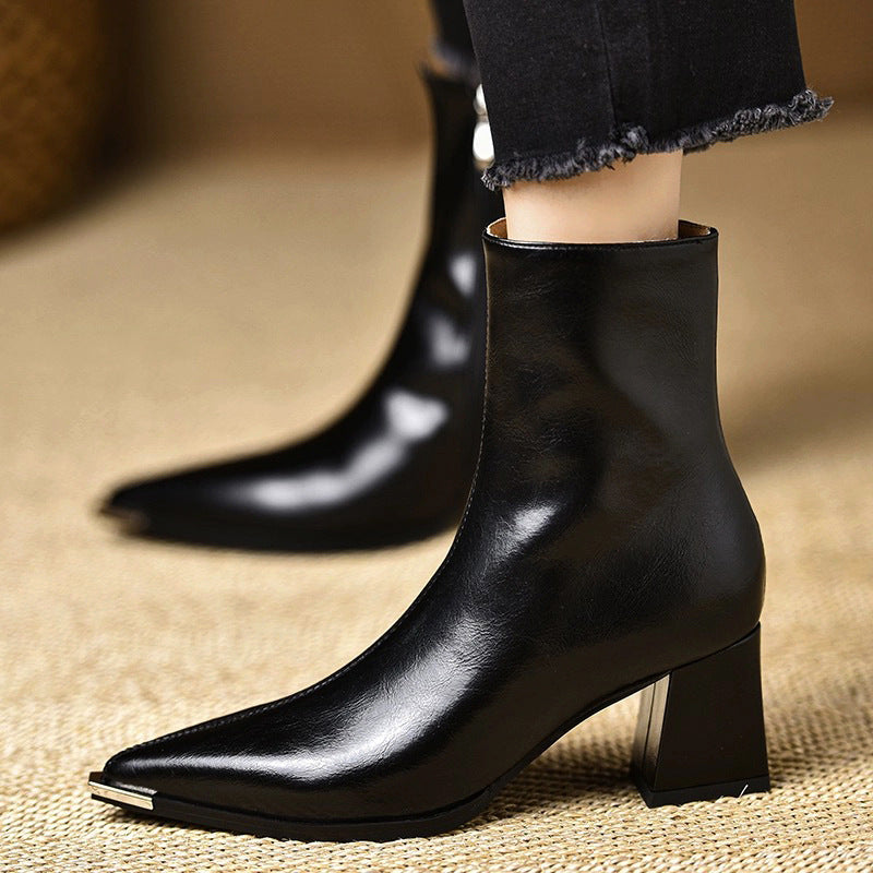 Boots for Women Genuine Leather Sculpted Toe Block Heel - Black