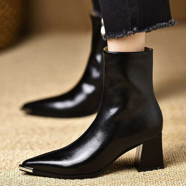 Boots for Women Genuine Leather Sculpted Toe Block Heel - Black