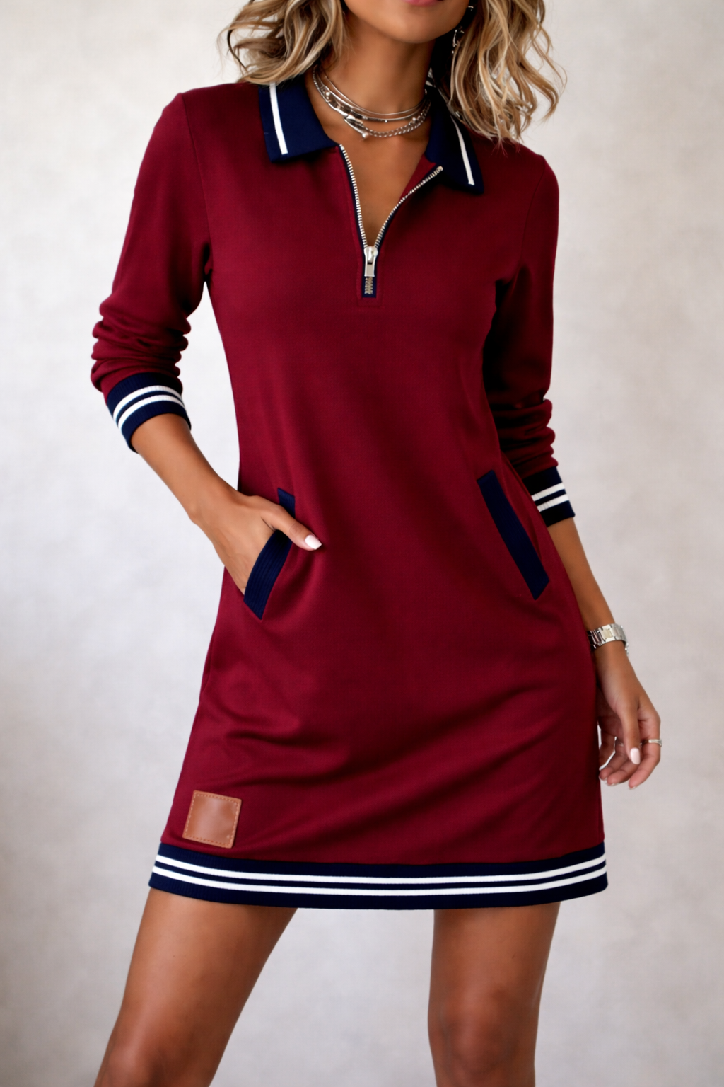 Zip Collar Sweater Dress for Women - Dark Red
