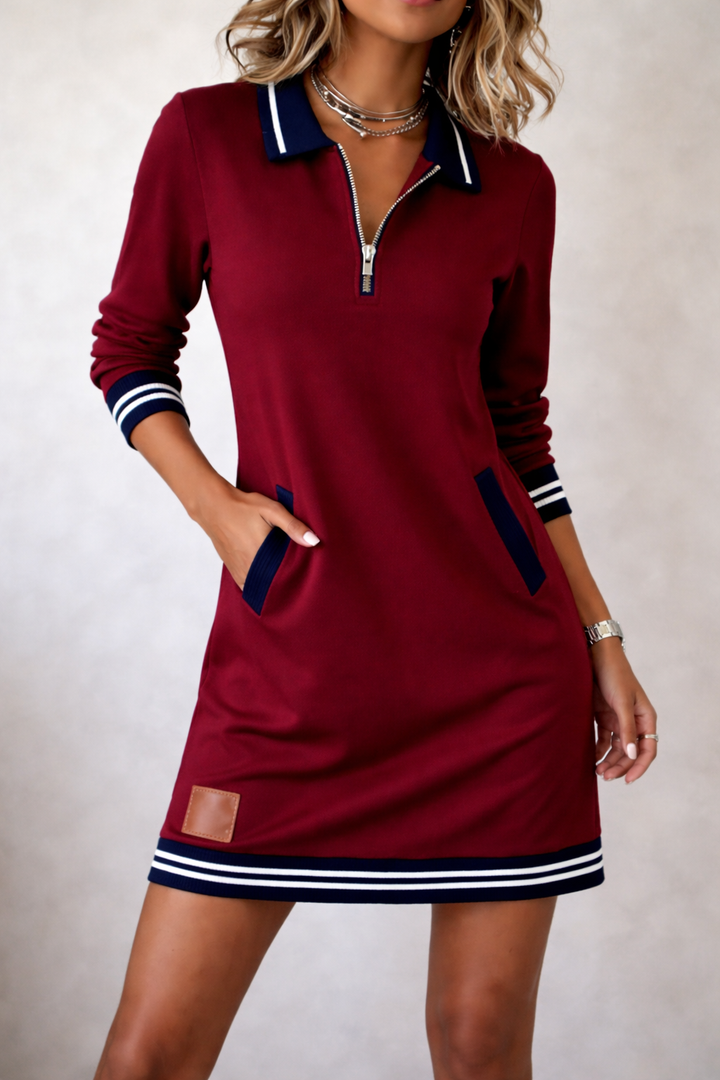 Zip Collar Sweater Dress for Women - Dark Red