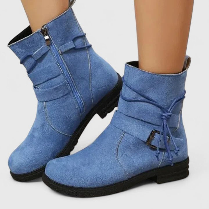 Suede Boots for Women Round Toe Buckle Strap Side Zipper