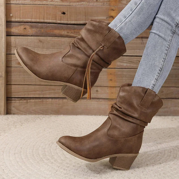 Slouchy Western Ankle Boots for Women Braided Tassel Block Heel