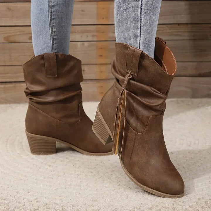 Slouchy Western Ankle Boots for Women Braided Tassel Block Heel