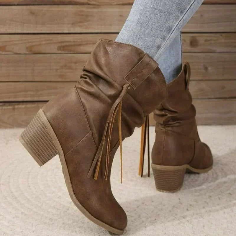 Slouchy Western Ankle Boots for Women Braided Tassel Block Heel