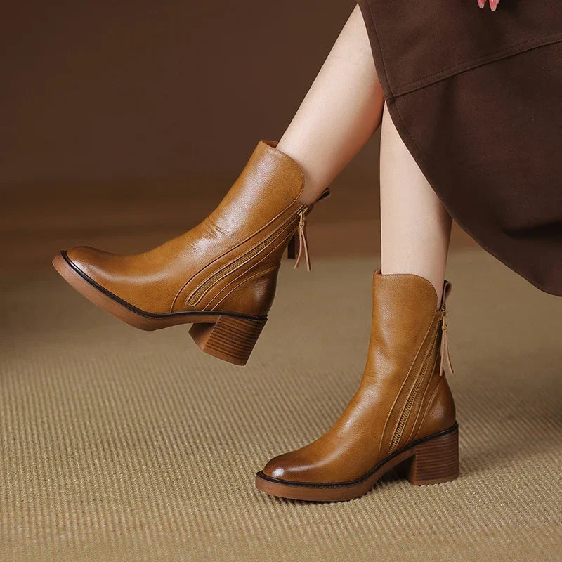 Ankle Boots for Women Vegan Leather Round Toe Block Heel - Brown