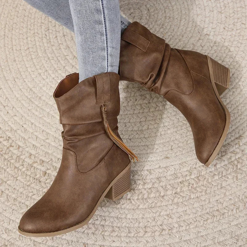 Slouchy Western Ankle Boots for Women Braided Tassel Block Heel