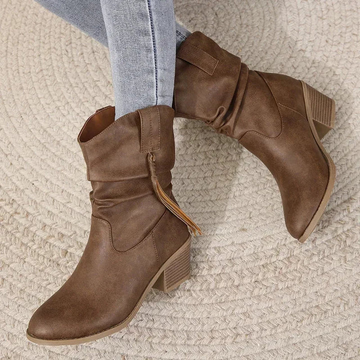 Slouchy Western Ankle Boots for Women Braided Tassel Block Heel