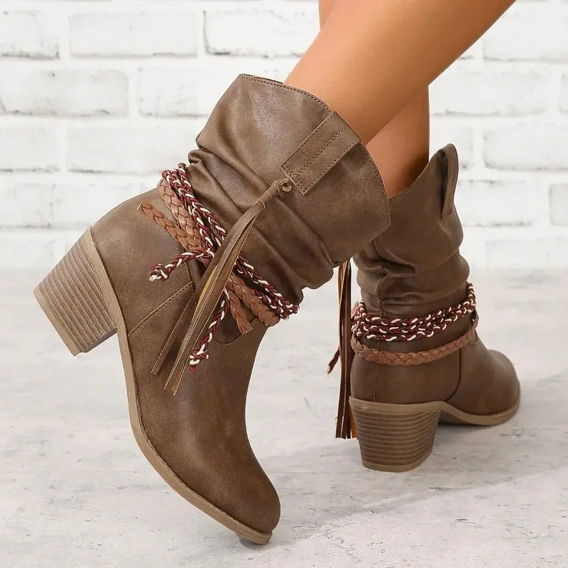 Slouchy Western Ankle Boots for Women Braided Tassel Block Heel