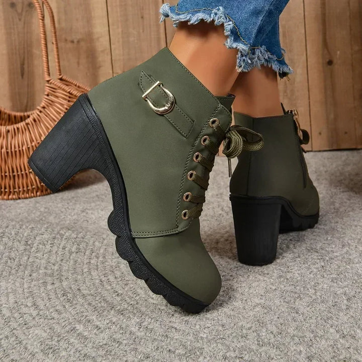 Lace Up Platform Ankle Boots for Women Buckle Strap High Block Heel