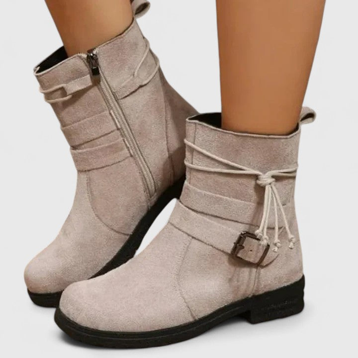 Suede Boots for Women Round Toe Buckle Strap Side Zipper