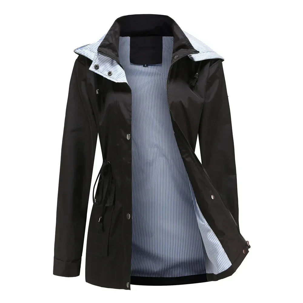 Rain Jacket for Women - Hooded Drawstring Waist Cotton Lined Coat