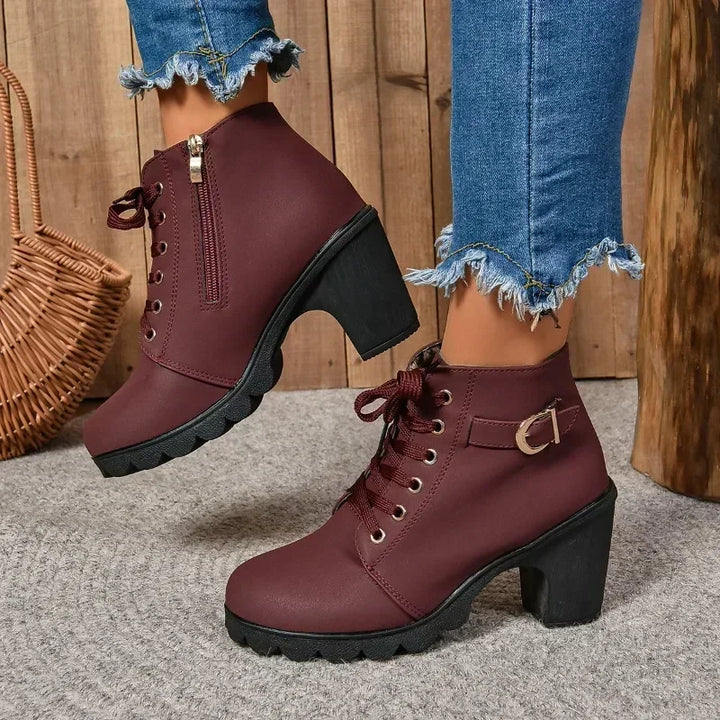 Lace Up Platform Ankle Boots for Women Buckle Strap High Block Heel