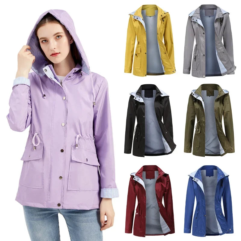 Rain Jacket for Women - Hooded Drawstring Waist Cotton Lined Coat
