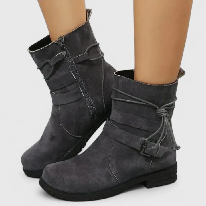 Suede Boots for Women Round Toe Buckle Strap Side Zipper
