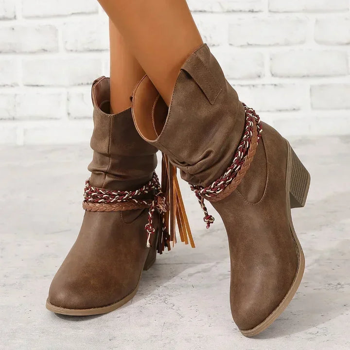 Slouchy Western Ankle Boots for Women Braided Tassel Block Heel