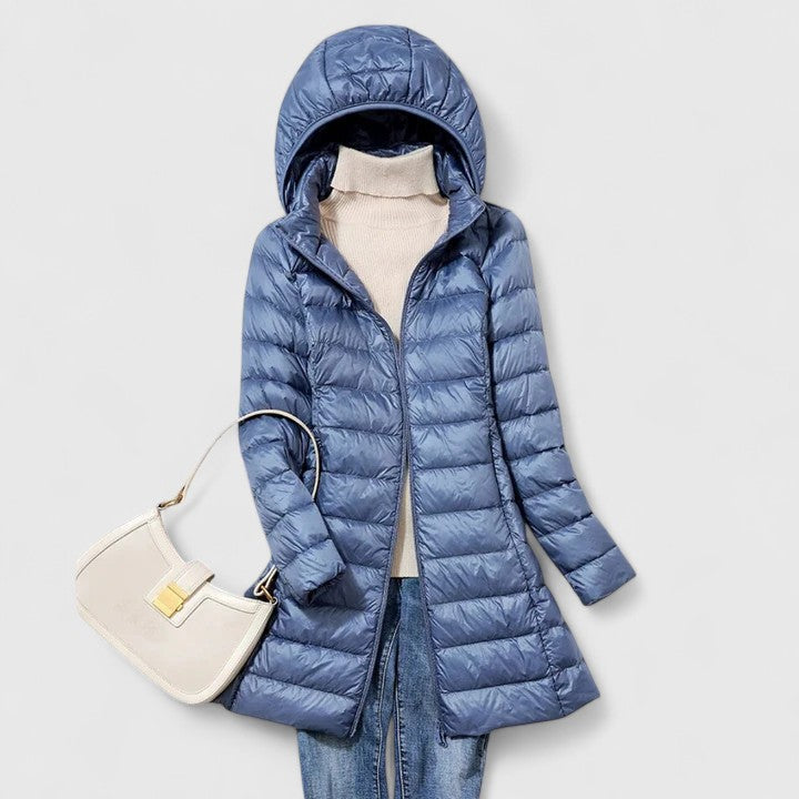 Longline Puffer Jacket for Women - Hooded Quilted Winter Coat