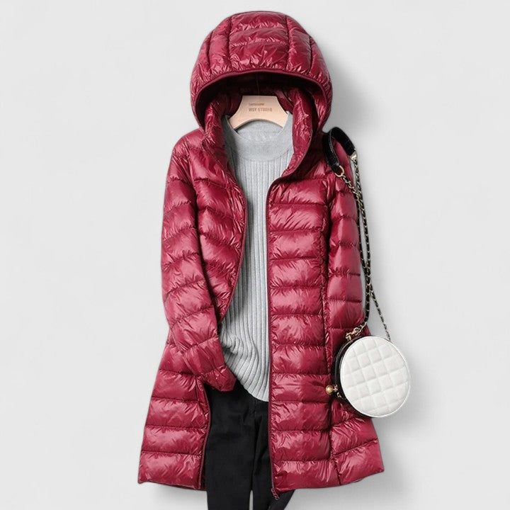 Longline Puffer Jacket for Women - Hooded Quilted Winter Coat