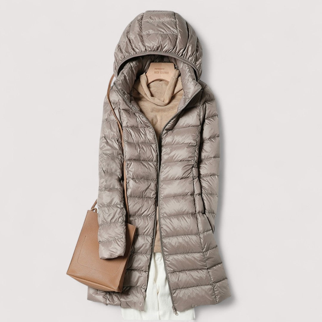 Quilted Rain Jacket for Women - Hooded Zip Up Longline Rain Coat