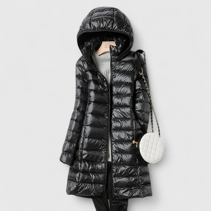 Longline Puffer Jacket for Women - Hooded Quilted Winter Coat