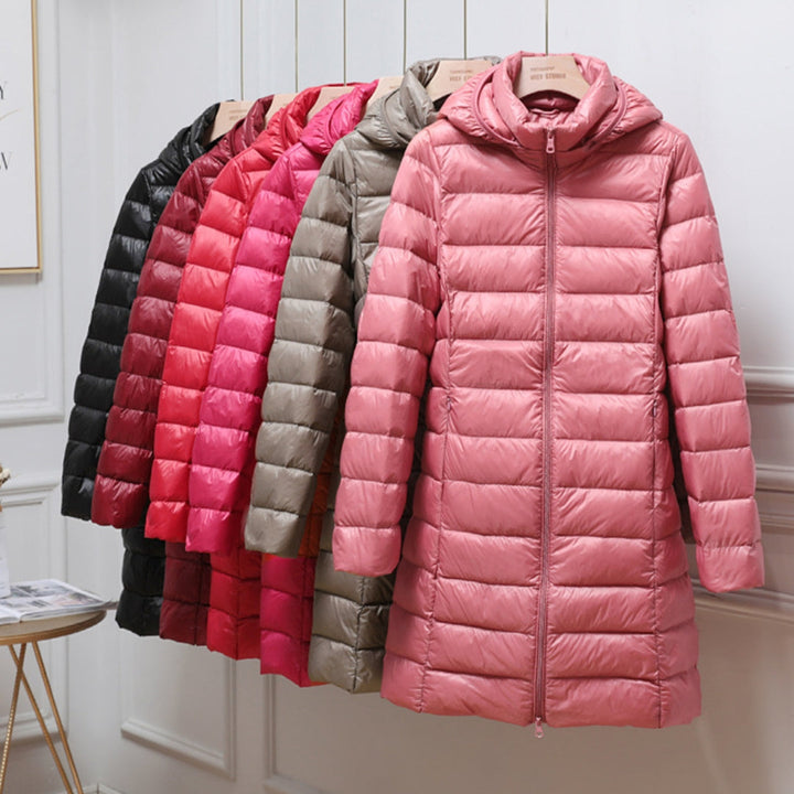 Quilted Rain Jacket for Women - Hooded Zip Up Longline Rain Coat