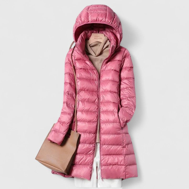 Longline Puffer Jacket for Women - Hooded Quilted Winter Coat