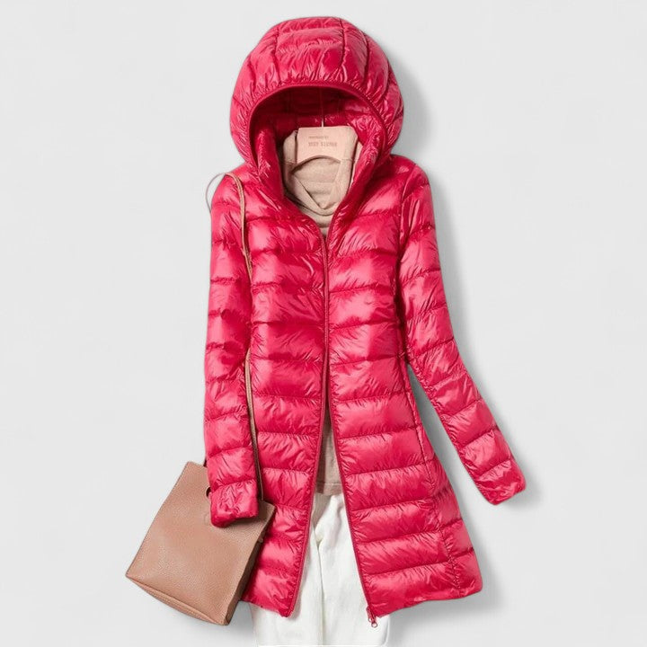 Longline Puffer Jacket for Women - Hooded Quilted Winter Coat