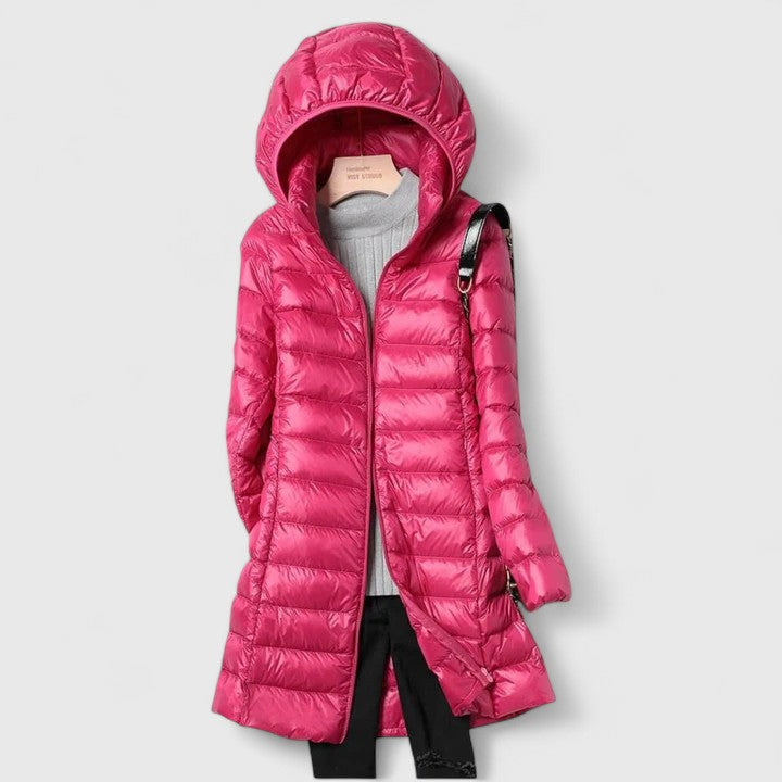 Longline Puffer Jacket for Women - Hooded Quilted Winter Coat