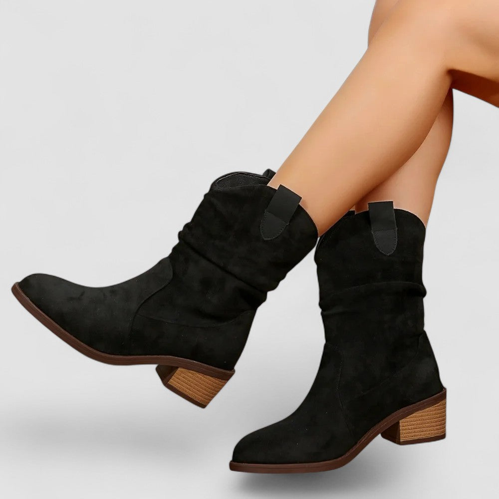 Slouchy Ankle Boots for Women Suede Finish Pull Loop Block Heel