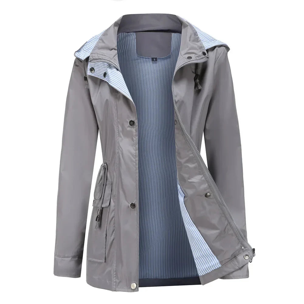 Rain Jacket for Women - Hooded Drawstring Waist Cotton Lined Coat