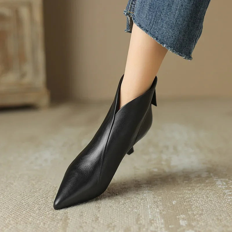Kitten Boots for Women Genuine Leather Tapered Heel - Black