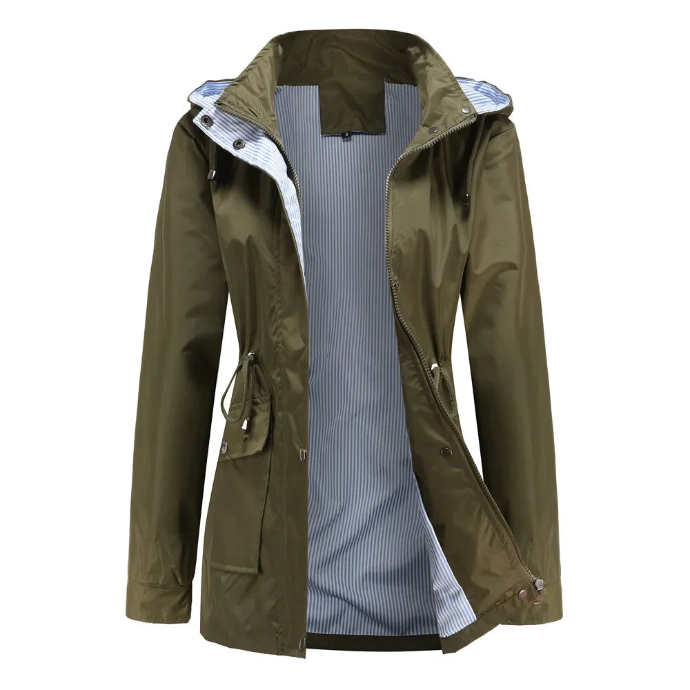 Rain Jacket for Women - Hooded Drawstring Waist Cotton Lined Coat
