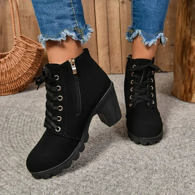 Lace Up Platform Ankle Boots for Women Buckle Strap High Block Heel