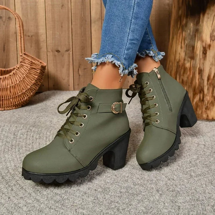 Lace Up Platform Ankle Boots for Women Buckle Strap High Block Heel