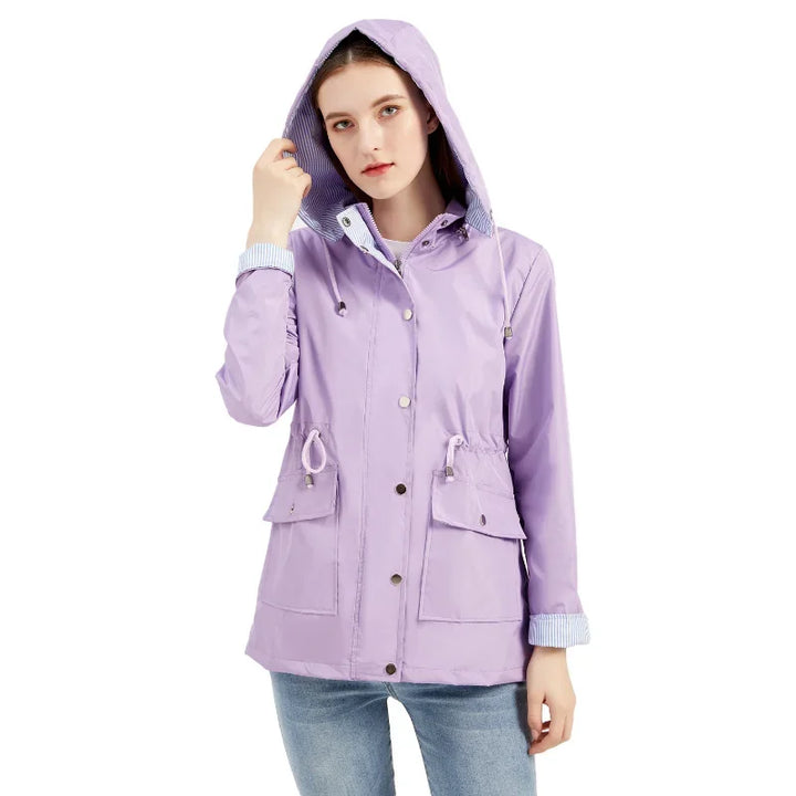 Rain Jacket for Women - Hooded Drawstring Waist Cotton Lined Coat