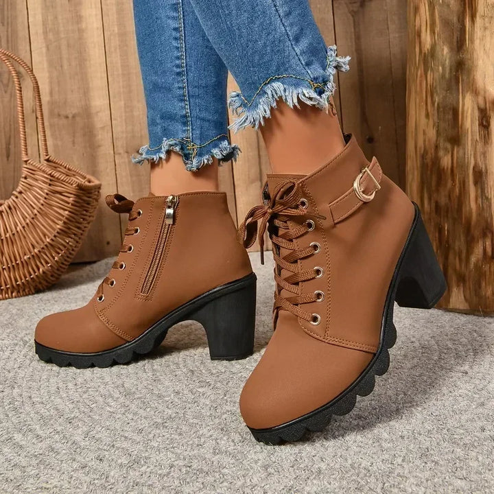 Lace Up Platform Ankle Boots for Women Buckle Strap High Block Heel