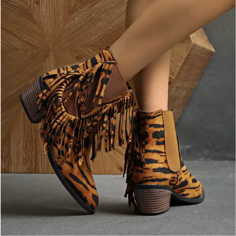 Fringe Ankle Boots for Women Animal Print Block Heel Elastic Panel