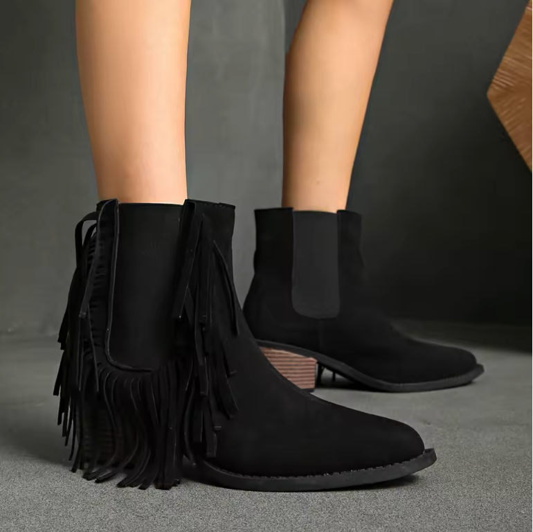 Fringe Ankle Boots for Women Animal Print Block Heel Elastic Panel