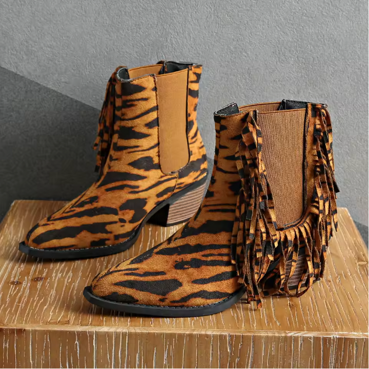 Fringe Ankle Boots for Women Animal Print Block Heel Elastic Panel