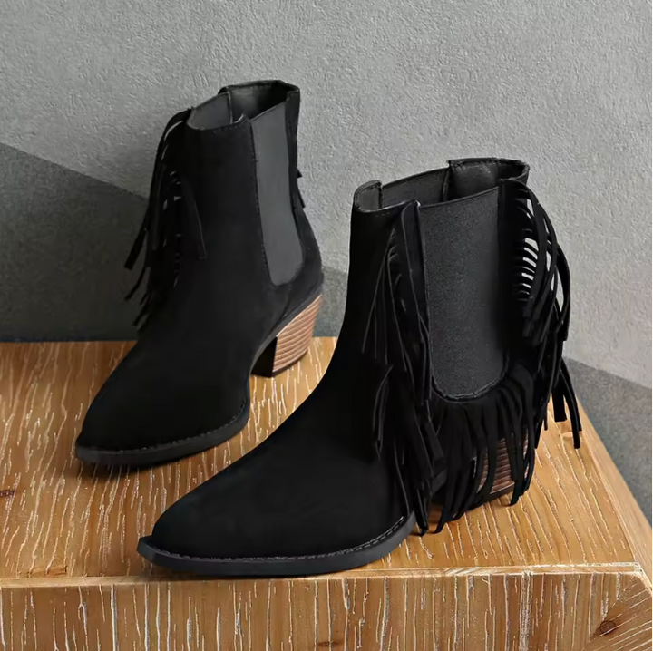 Fringe Ankle Boots for Women Animal Print Block Heel Elastic Panel