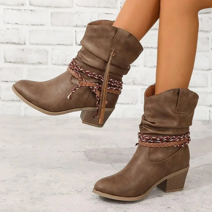 Slouchy Western Ankle Boots for Women Braided Tassel Block Heel