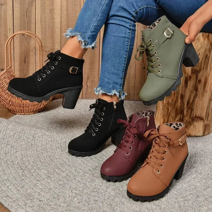 Lace Up Platform Ankle Boots for Women Buckle Strap High Block Heel