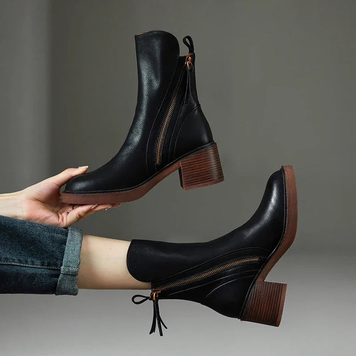 Ankle Boots for Women Vegan Leather Round Toe Block Heel - Black