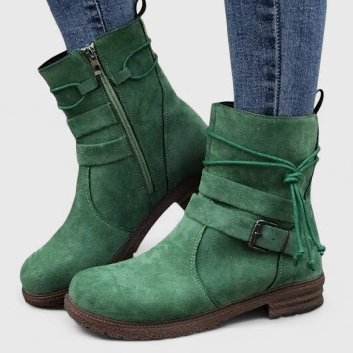 Suede Boots for Women Round Toe Buckle Strap Side Zipper