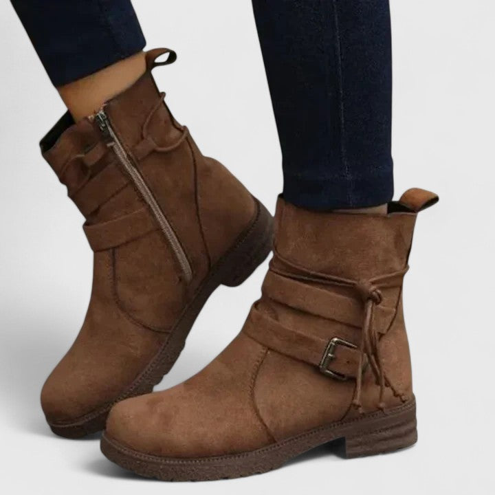 Suede Boots for Women Round Toe Buckle Strap Side Zipper