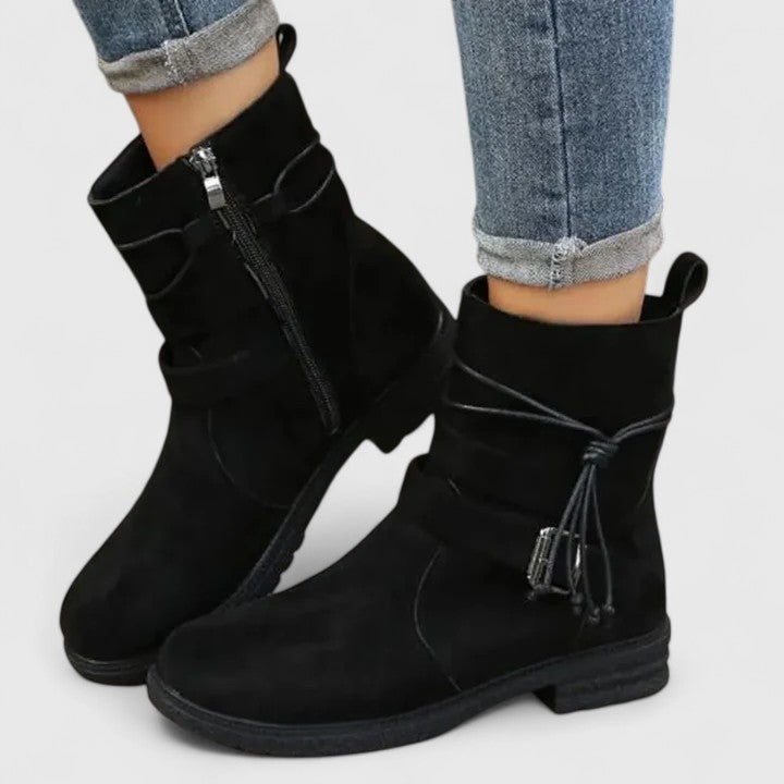 Suede Boots for Women Round Toe Buckle Strap Side Zipper