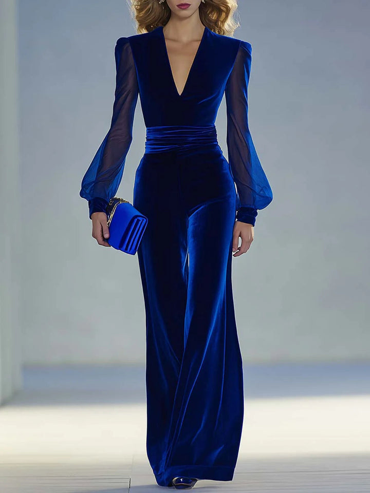 V Neck Jumpsuit for Women Sheer Sleeve Wide Leg